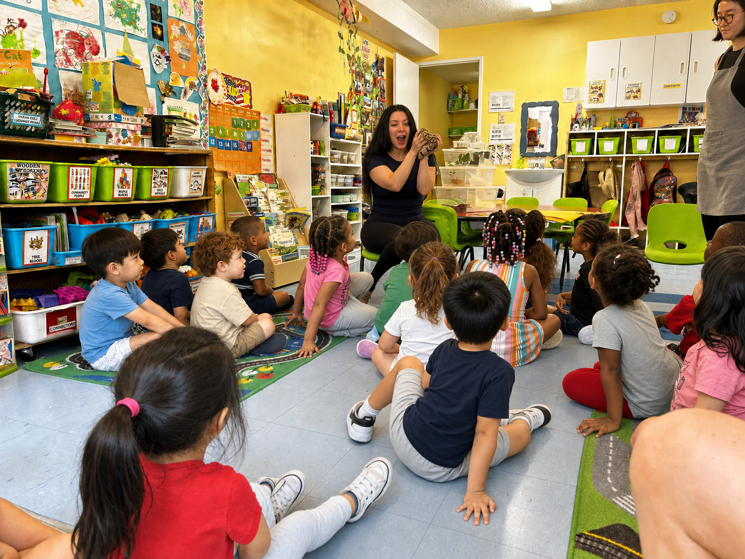 An educator presenting a ball python to children during a classroom visit
