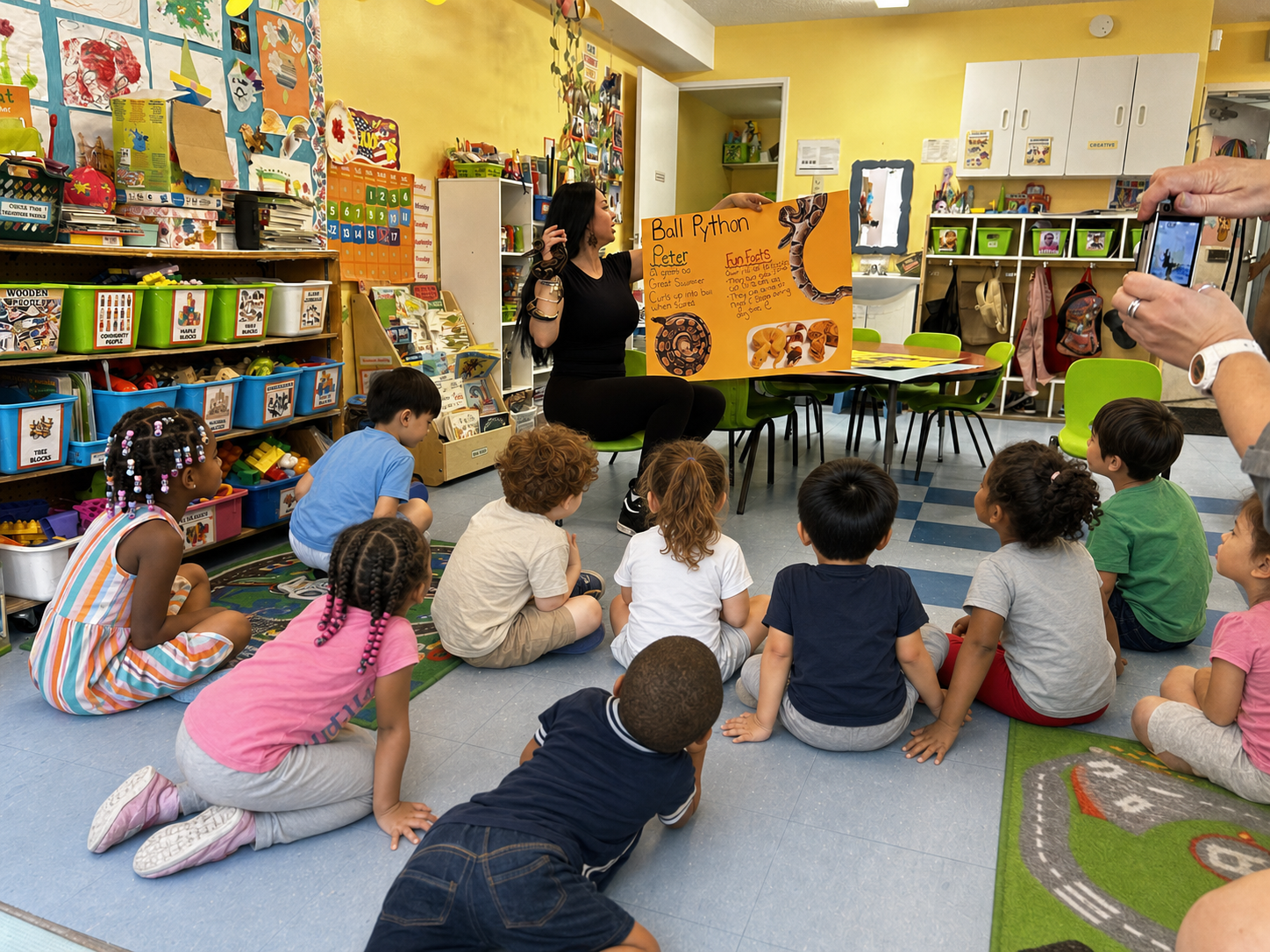 An educator presenting a ball python fact board to a classroom